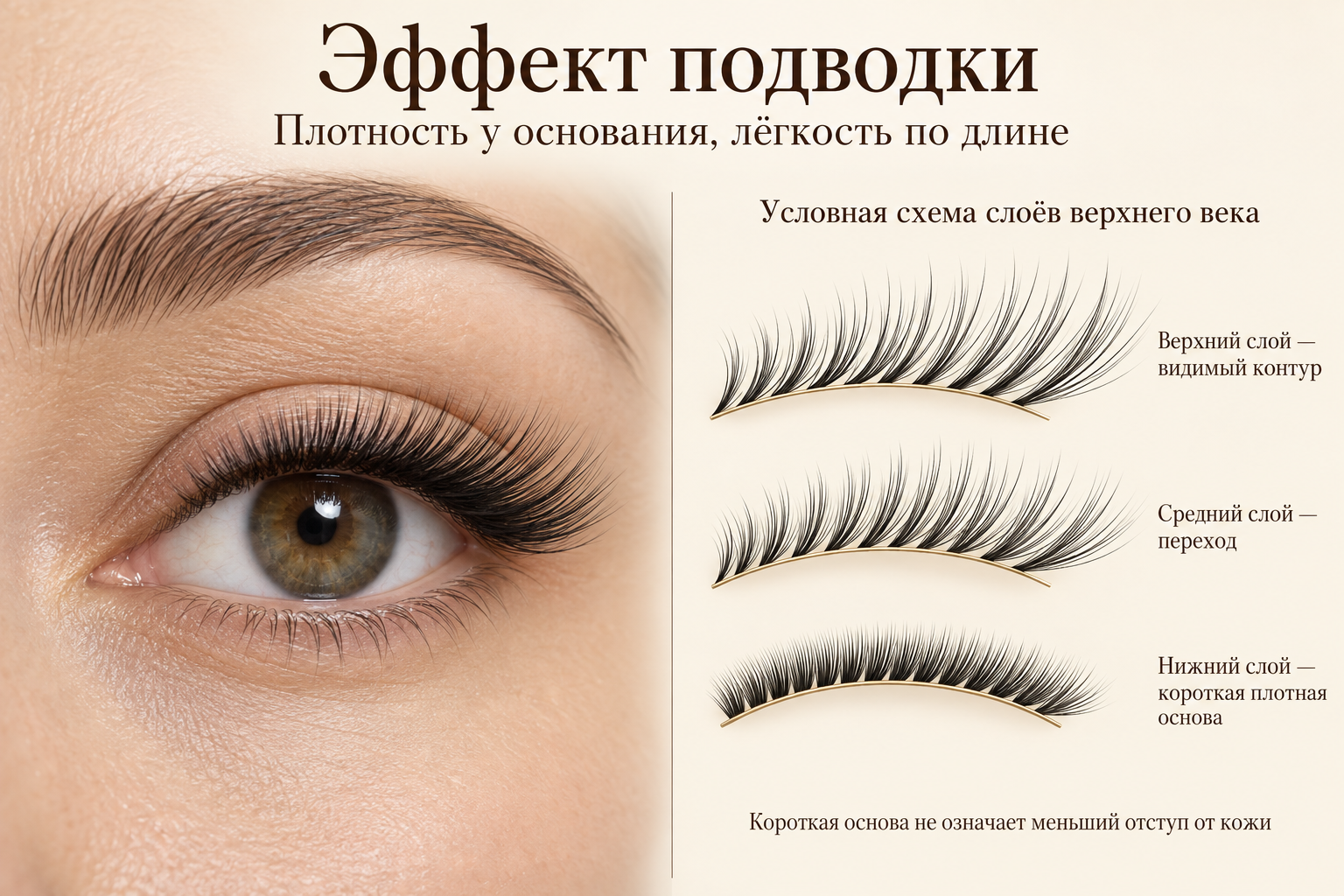 Эффект подводки: короткая плотная основа и более длинные слои верхнего века